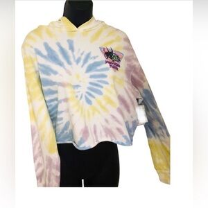 Psycho Tuna white crop graphic print tie dye swirl hoodie size large brand new
